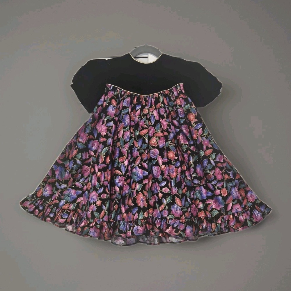 80's Peaches N Cream Dress Girls 4T Floral Metallic Pink Green Gold Cottage Core